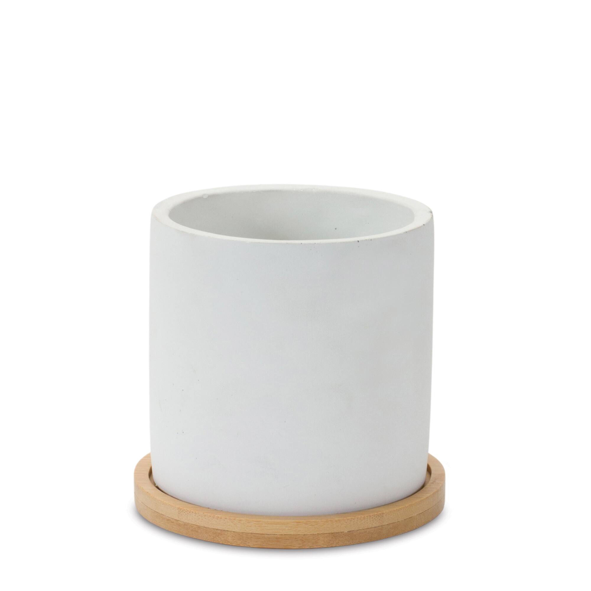 White Stone Planters with Wood Plates Set